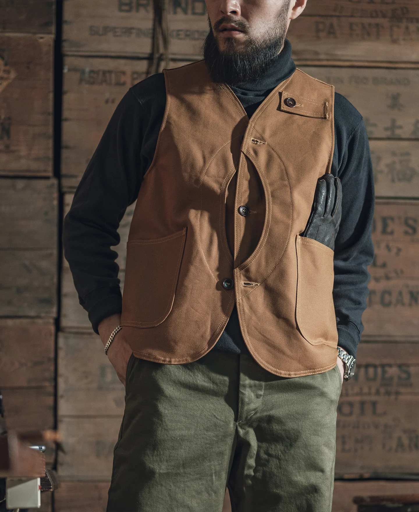 1930s Heavyweight Canvas Game Pocket Hunting Vest - Khaki - Image 4