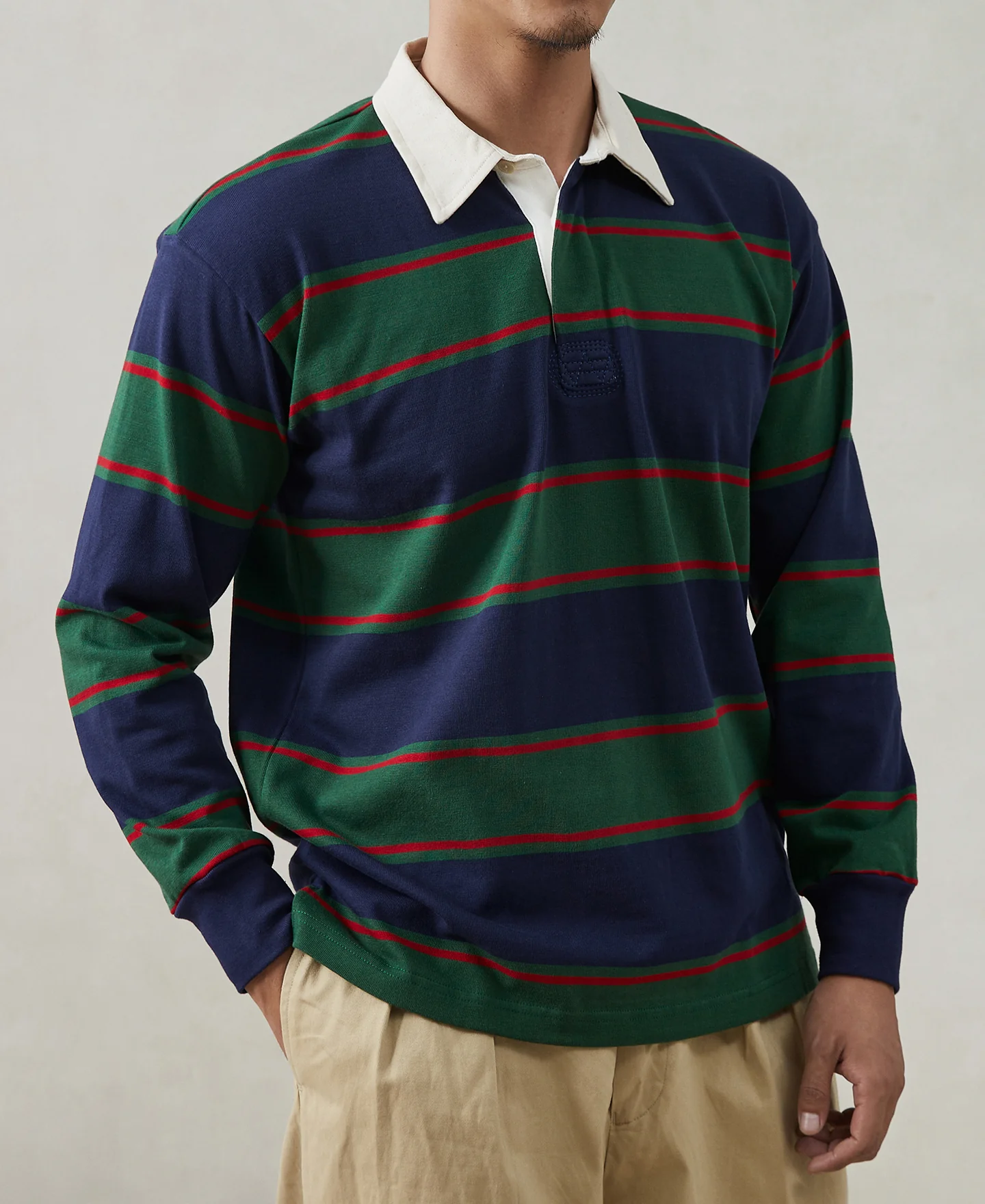 Classic Fit Striped Jersey Rugby Shirt - Green/Navy/Red - Image 3