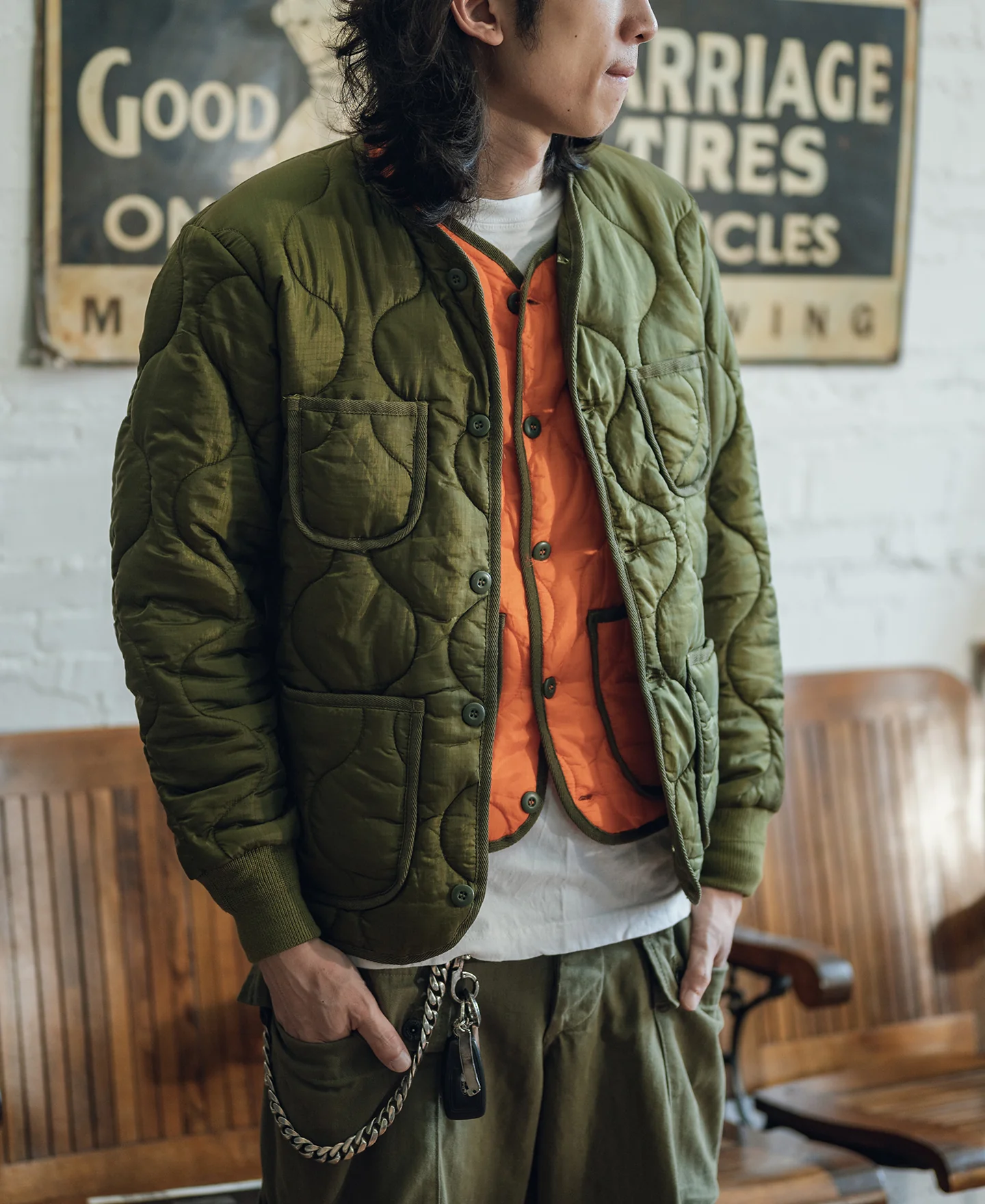 Military Style Quilted Padded Ripstop Nylon Jacket - Olive - Image 3
