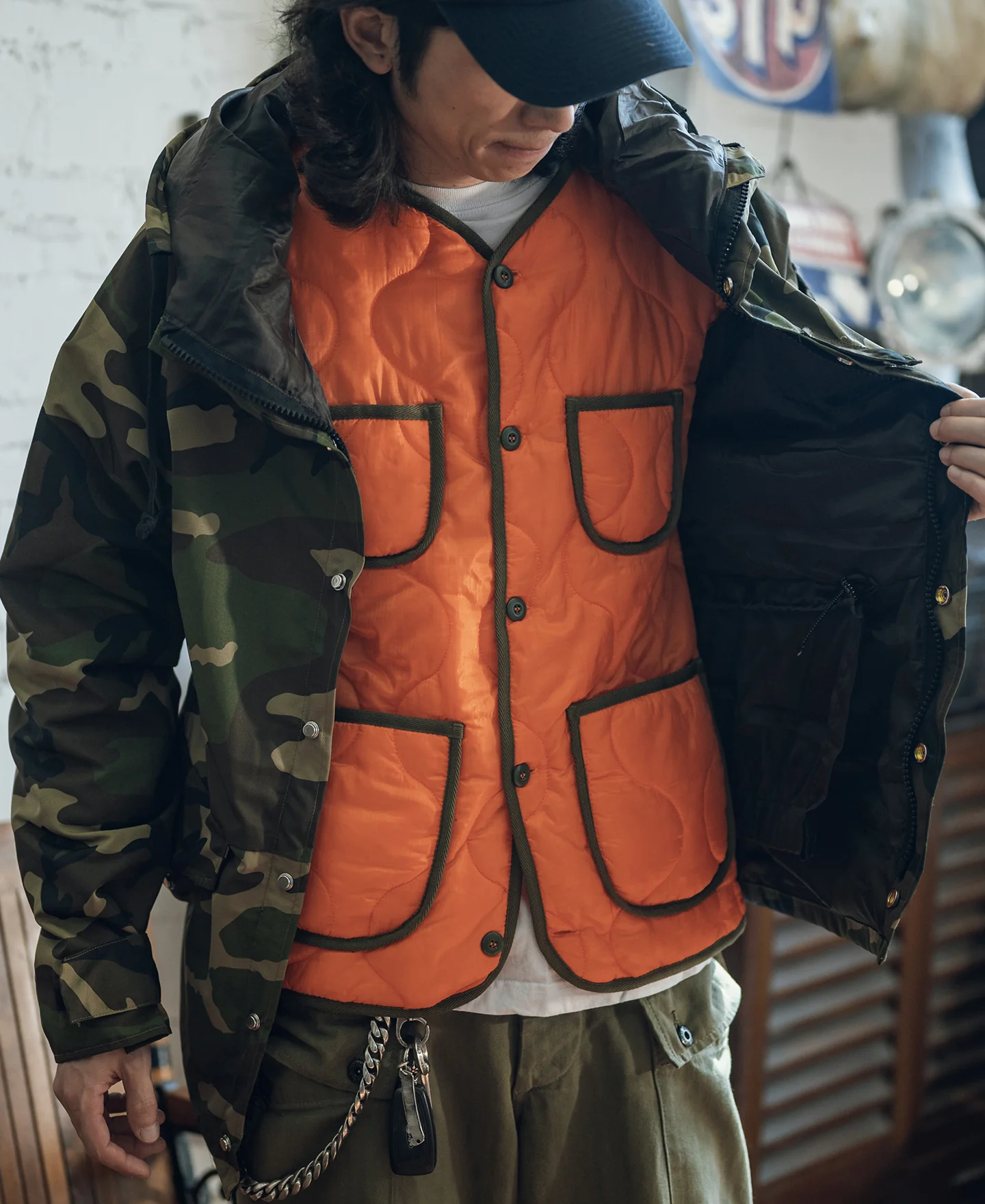 Military Style Quilted Padded Ripstop Nylon Jacket - Orange - Image 5