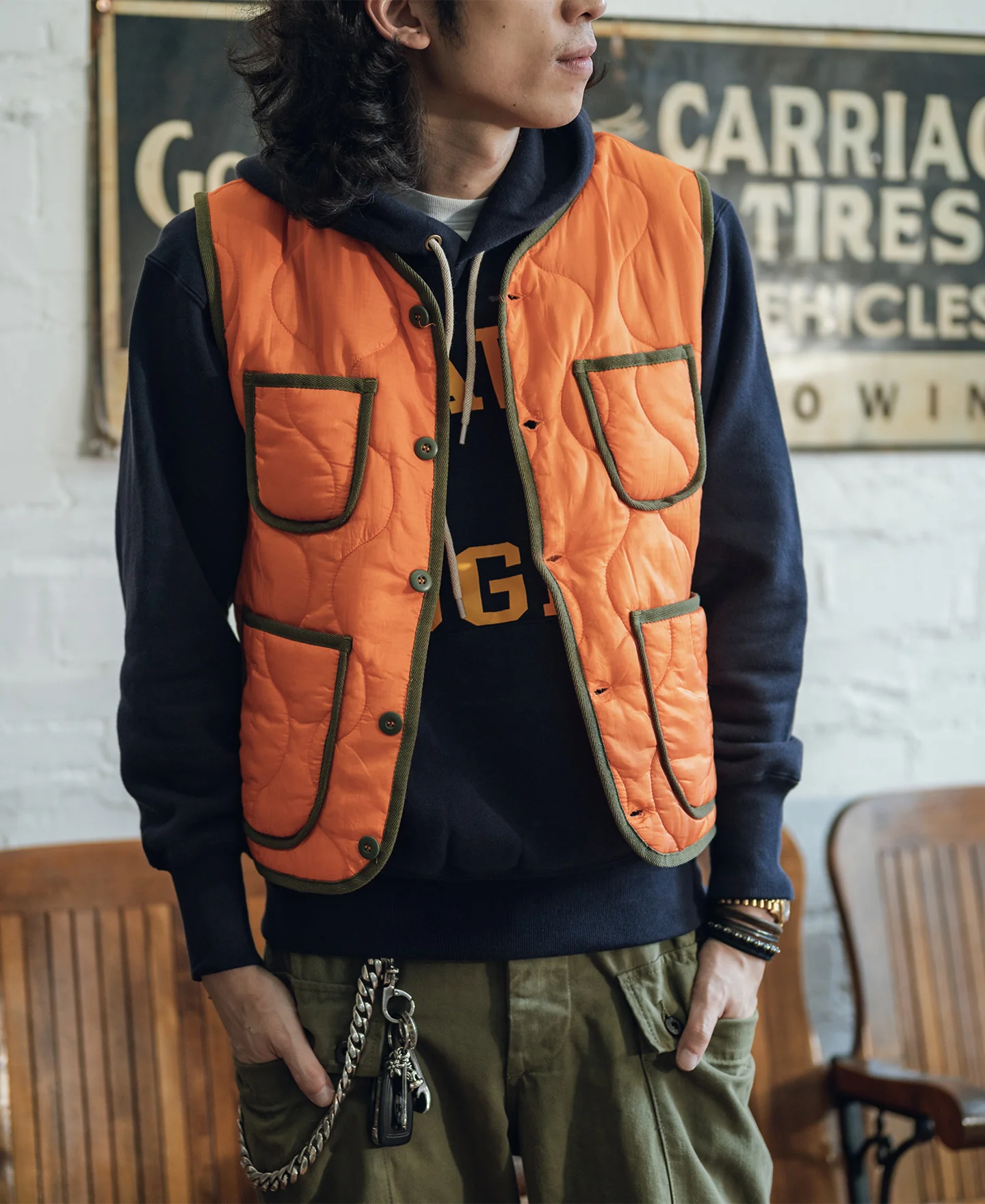Military Style Quilted Padded Ripstop Nylon Vest - Orange - Image 3