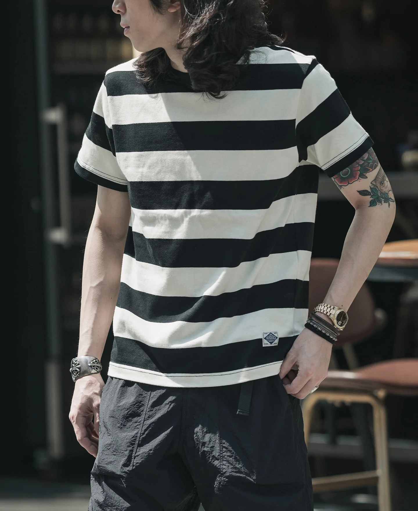 Heavyweight Cotton Wide Striped T-Shirt - Black/White - Image 7