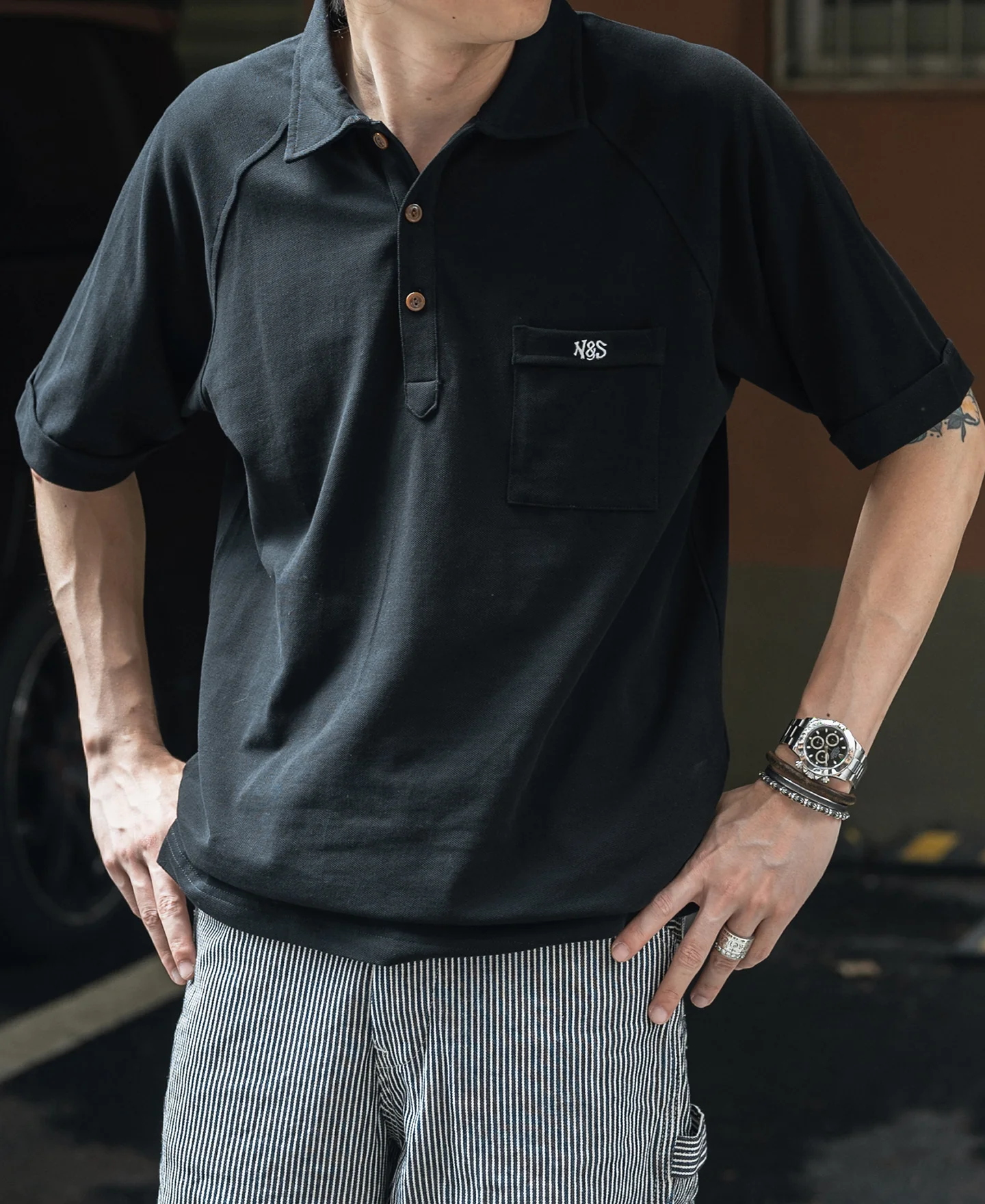 Raglan Sleeve Cotton-Piqué Polo Shirt - Black - Image 3