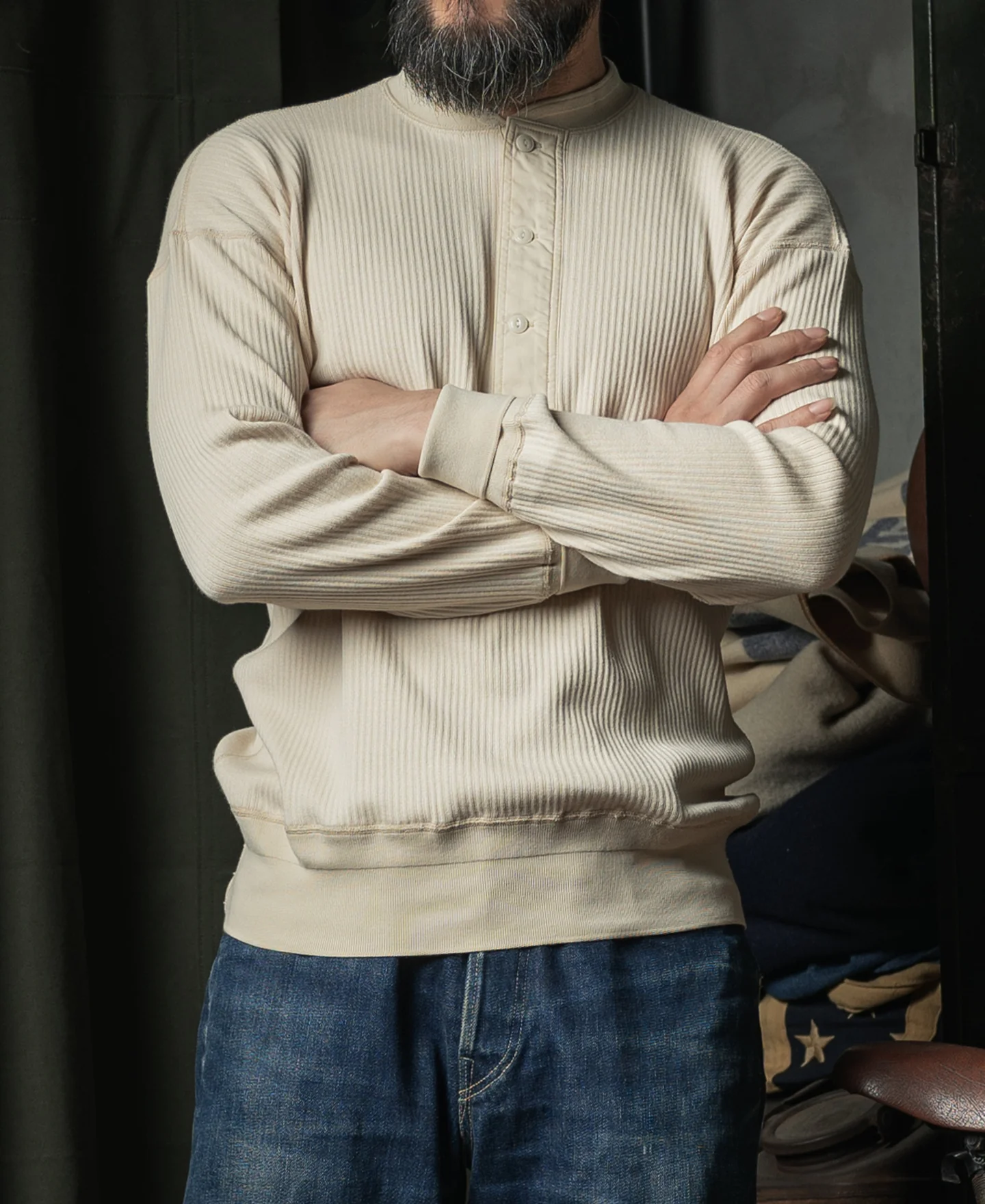 Ribbed Long Sleeve Henley T-Shirt - Apricot - Image 4