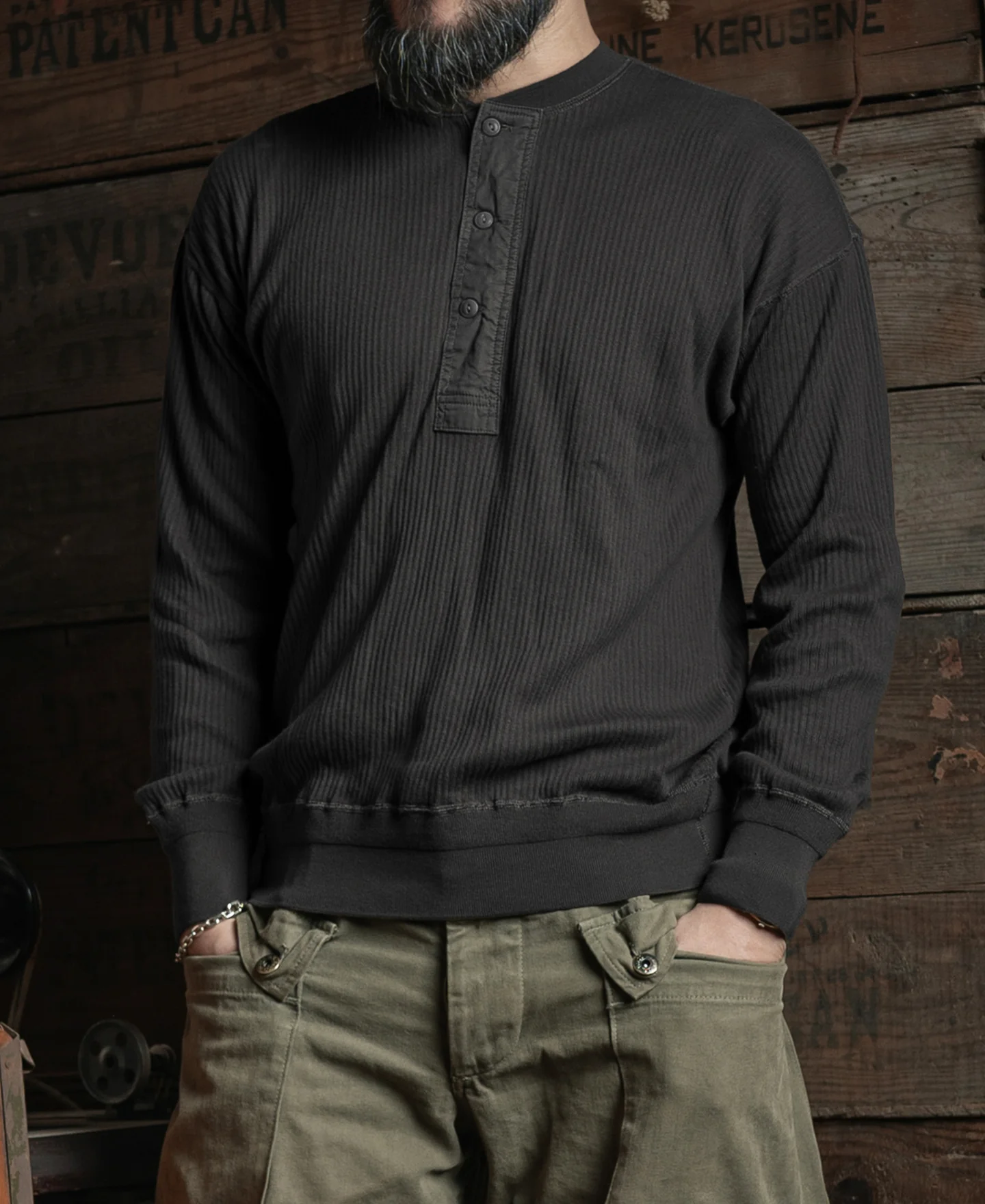Ribbed Long Sleeve Henley T-Shirt - Black - Image 3