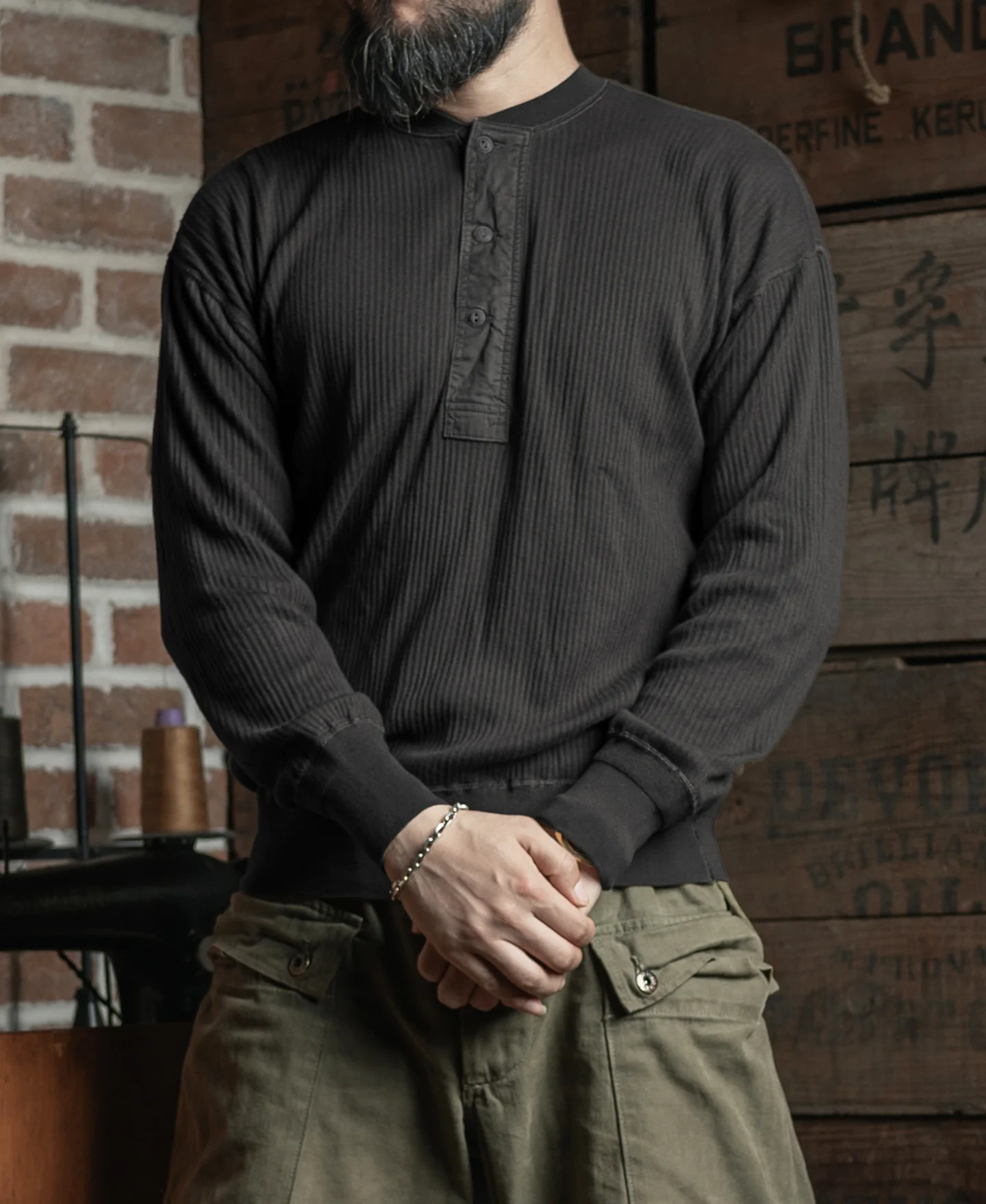 Ribbed Long Sleeve Henley T-Shirt - Black - Image 4