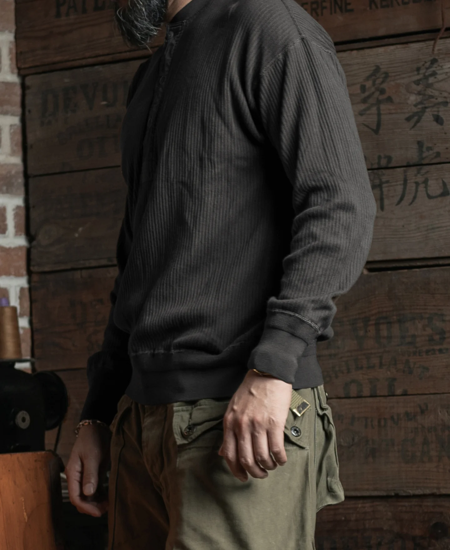 Ribbed Long Sleeve Henley T-Shirt - Black - Image 5