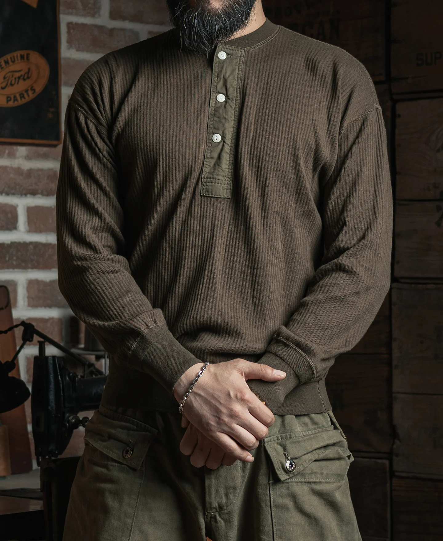 Ribbed Long Sleeve Henley T-Shirt - Olive Brown - Image 3