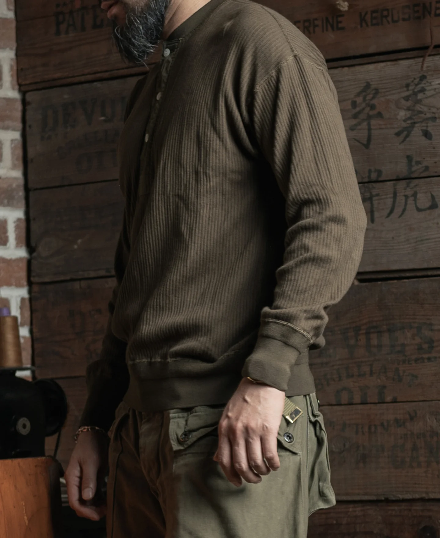Ribbed Long Sleeve Henley T-Shirt - Olive Brown - Image 5
