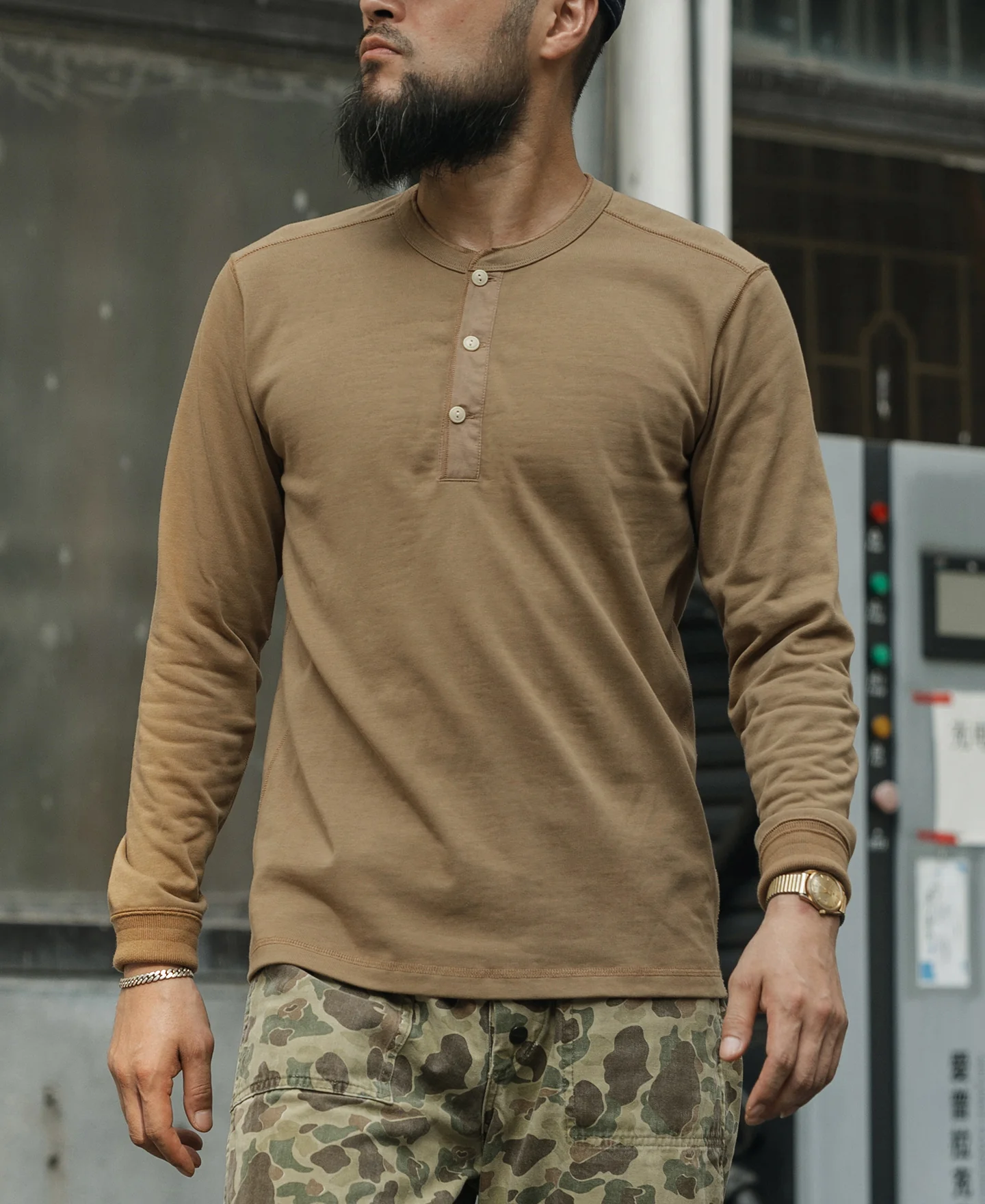 Vintage Long Sleeve Henley Shirt - Khaki - Image 5