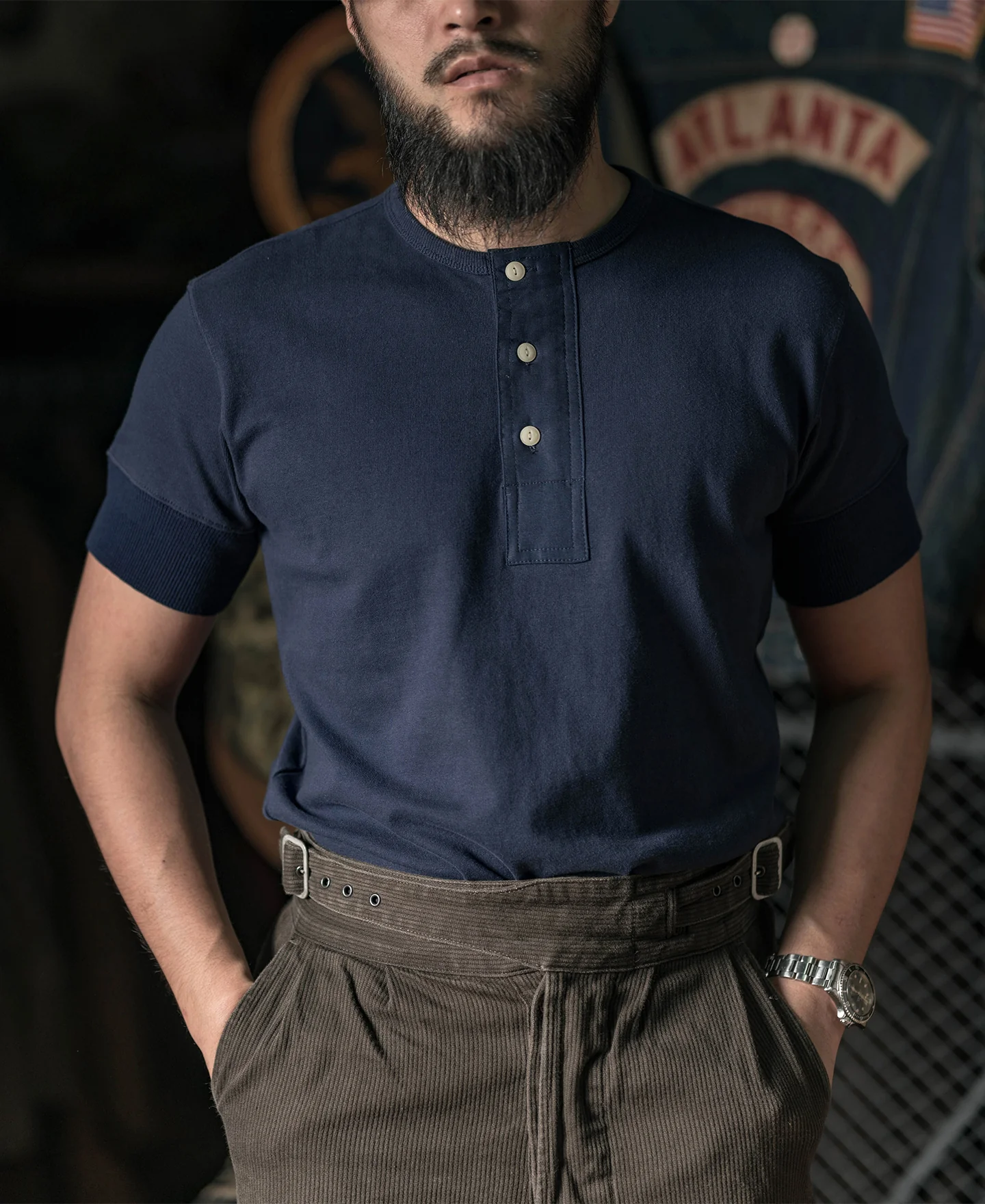 Vintage Short Sleeve Henley T-Shirt - Navy - Image 3